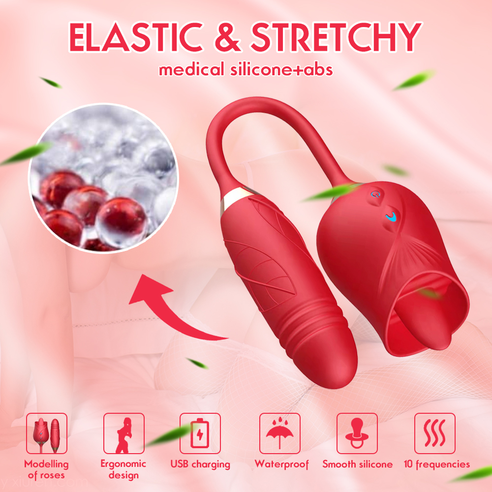Rose Vibrator for Women, 2 in 1 Rose Vibrator with Tongue Licking and Sucking, Clit Stimulator Telescopic Vibration Sex Toys for Women Adults