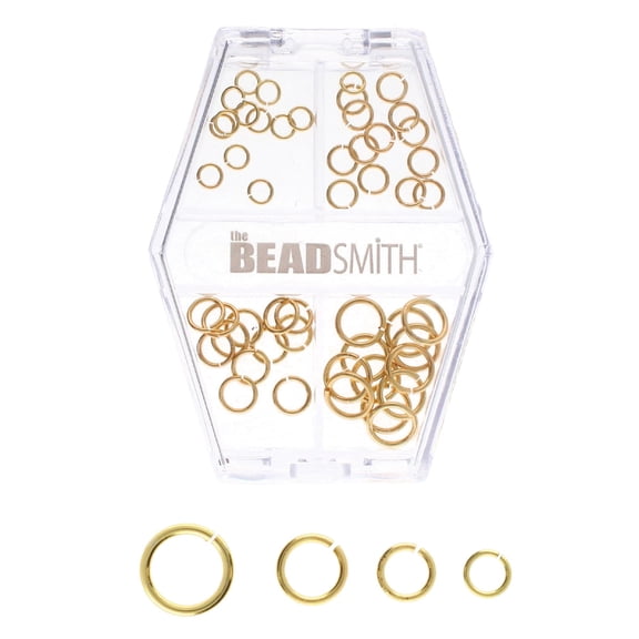 The Beadsmith Basic Elements Open Jump Rings Assortment – Gold Plated – 4mm, 5mm, 6mm & 8mm – 48 Pieces with Storage Box – Findings for Making Keychains, Charms, Chain Mail and Body Jewelry