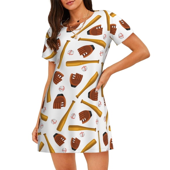 Vsdgher Baseball Sport Pattern Womens Short Sleeve Sleepshirt Scoopneck Cute Nightdress Ruffle Comfy Nightgown