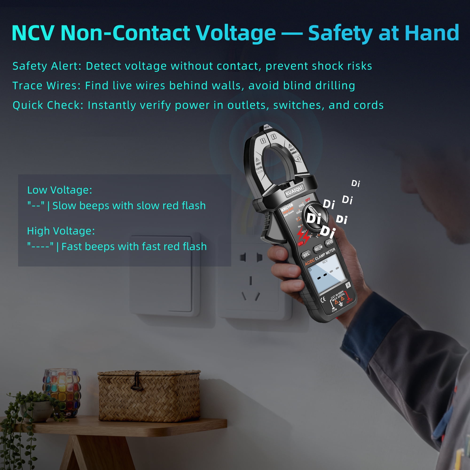 KUAIQU T-RMS Digital Clamp Meter 600A Current Amp Volt Meter 6000 Counts with NCV ℃/℉ Resistance Capacitance Frequency Duty Cycle AUTO Handheld Multimeter