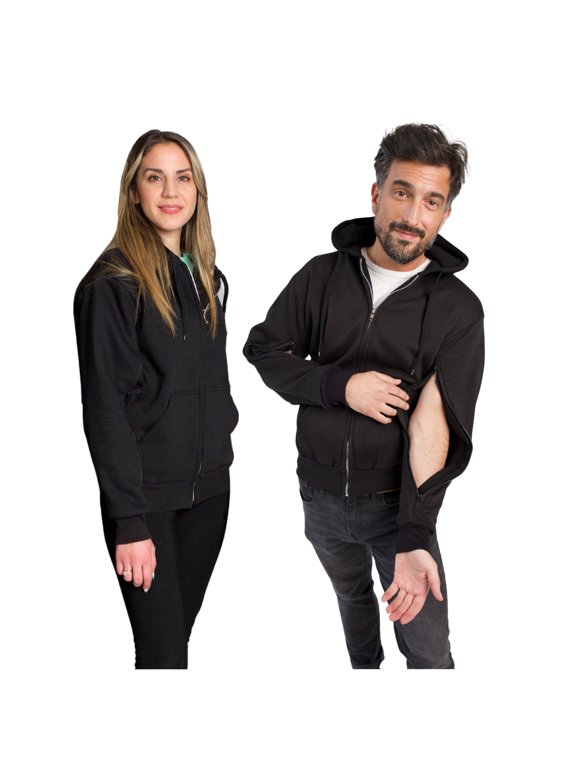 Unisex Dialysis Hoodie Sweatshirt with Two Way Zips for Arm Port Access | Full Sleeve |Warm Fleece| 2XL, Black
