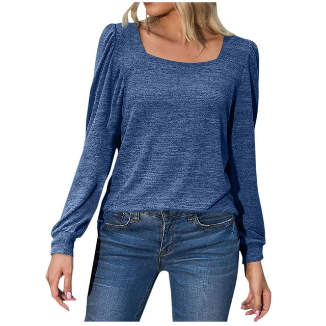 Womens Fall Tops Square Neck Puff Long Sleeve Solid Color Basic T Shirt Casual Soft Loose Fit Going out Blouse Tee