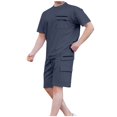 thumbnail image 1 of Ensemble Décontracté à Manches Courtes et Col Rond et Shorts à Taille Élastique avec Cordon pour Hommes, Mélange Coton Polyester, Noir, P, 1 of 8