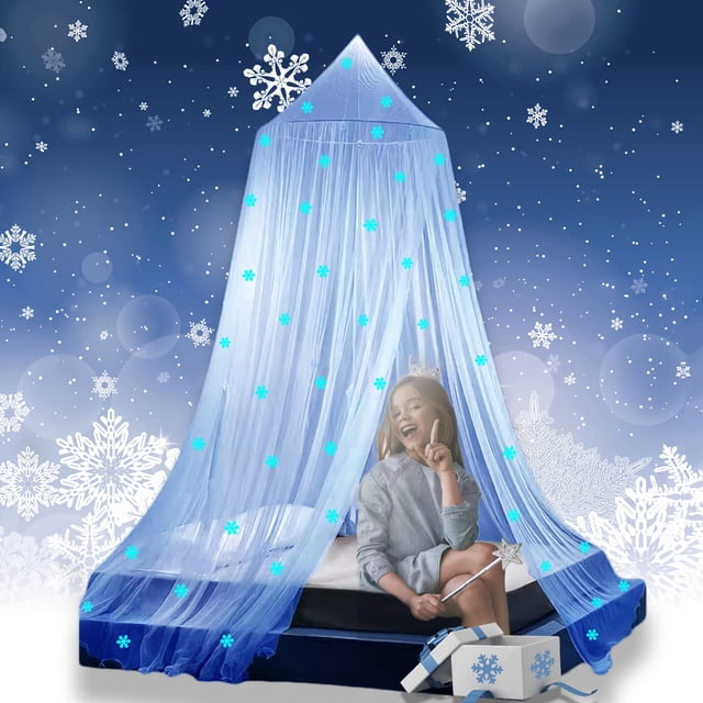 Toldo de cama Eimilaly Princess que brilla en forma de copos de nieve azul oscuro