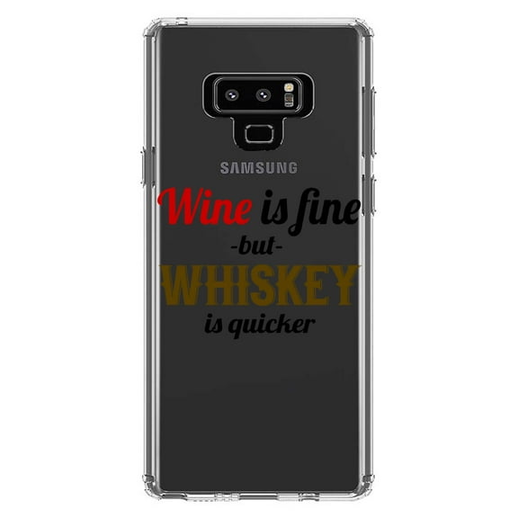 DistinctInk Clear Shockproof Hybrid Case for Samsung Galaxy Note 9 - TPU Bumper Acrylic Back Tempered Glass Screen Protector - Wine is Fine But Whiskey is Quicker