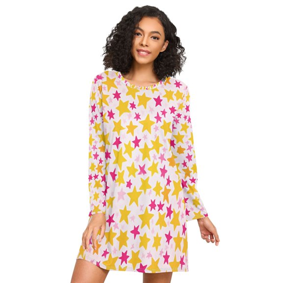 FORMRS Womens Long Sleeve Nightgowns Crew Neck Sleep Shirt Soft Pajamas Sizes S-3XL, Light Pink Stars