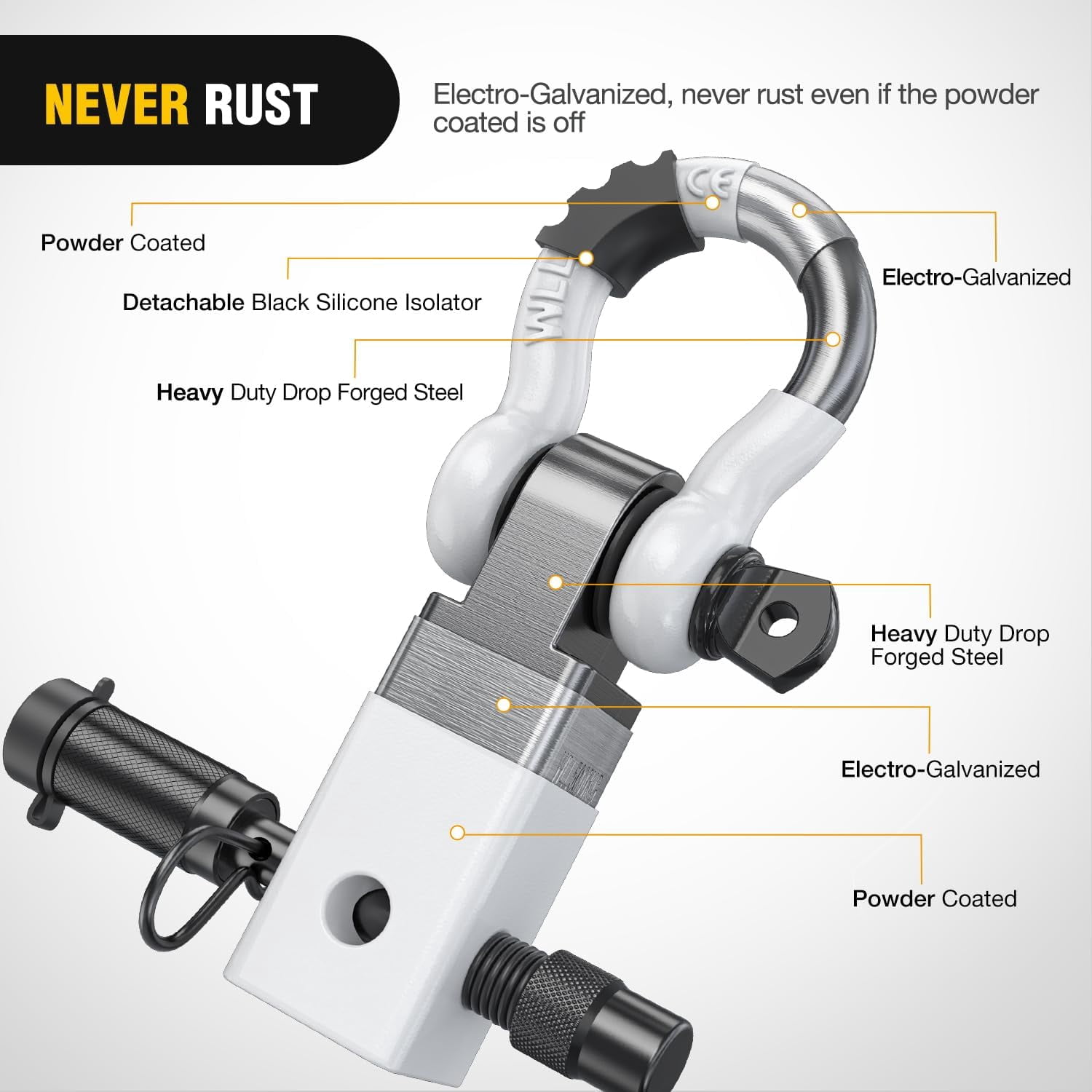 Nilight Anti-Theft Shackle Hitch Receiver 2Inch 45000 LBs Breaking Strength 3/4" Anti-Theft D Ring Shackle 5/8" Trailer Hitch Lock Pin Heavy Duty Solid Towing Kit for Trucks Off Road (White)