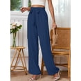 thumbnail image 3 of Chiclily Women's Wide Leg Pants with Pockets Navy Blue Large Casual Work Trousers with Removable Belt, 3 of 8