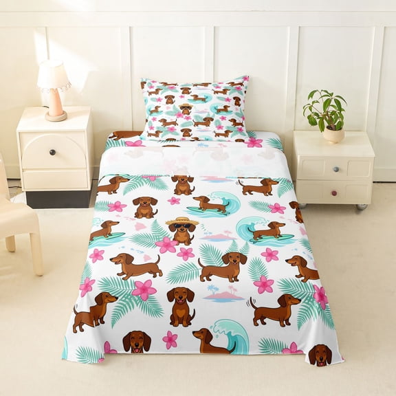 Homewish Funny Dachshund Animal Twin Sheets,Pretty Hibiscus Flower Bedding,Ocean Wave Decor,3pcs,1 Fitted Sheet and 1 Pillowcase