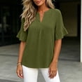 thumbnail image 6 of Edvintorg Summer Shirts for Women Cotton Linen V Neck Short Ruffle Sleeve Loose Casual Tops Womens Blouses Women Clothing Army Green L, 6 of 9
