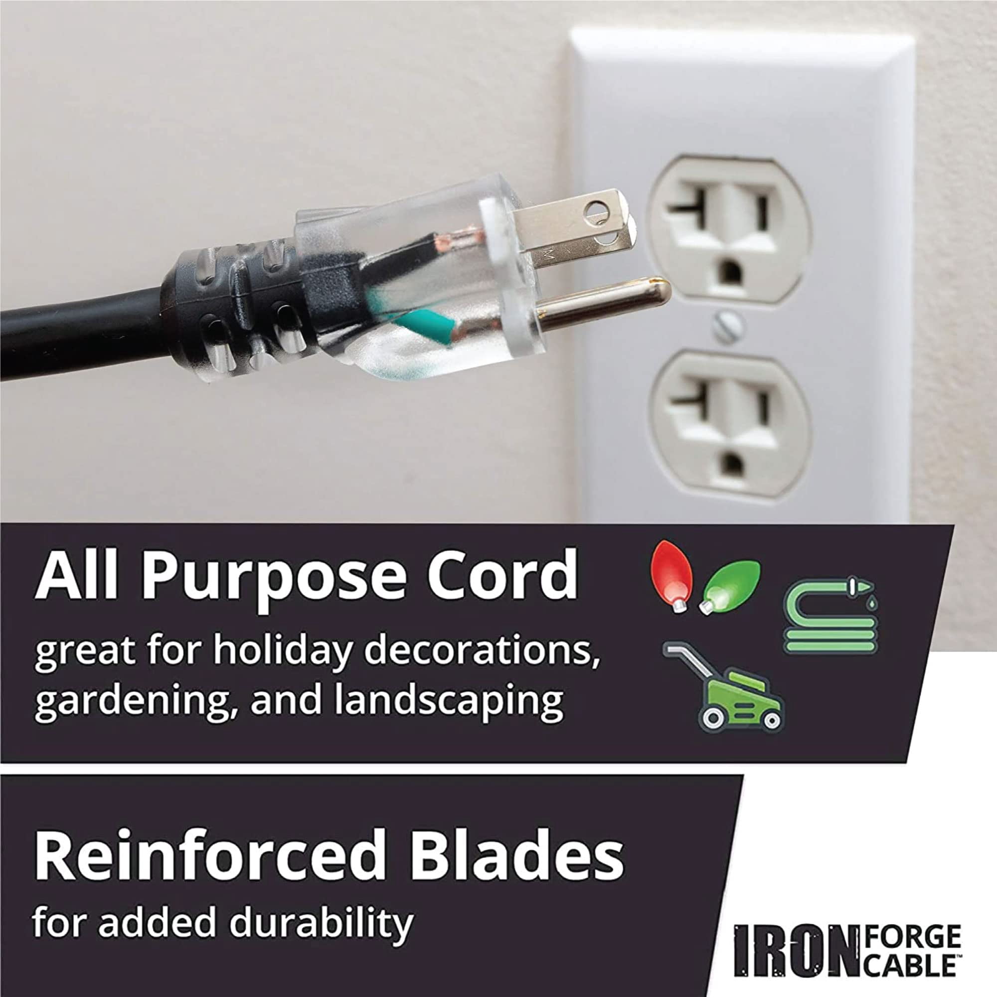Iron Forge Cable 12 Gauge 10 ft Outdoor Extension Cord, SJTOW 12/3 10 Foot Heavy Duty Extension Cord 3 Prong, Oil Resistant & Flame Retardant - Lighted End