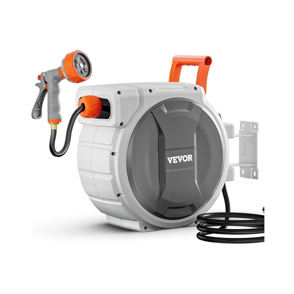 Retractable Garden Hose Reel, 5/8 Inch x 100 ft Wall Mounted Heavy Duty Reel with 9 Patterns Nozzle, Any Length Lock, Upgraded Slow Return System and 180°Swivel Bracket