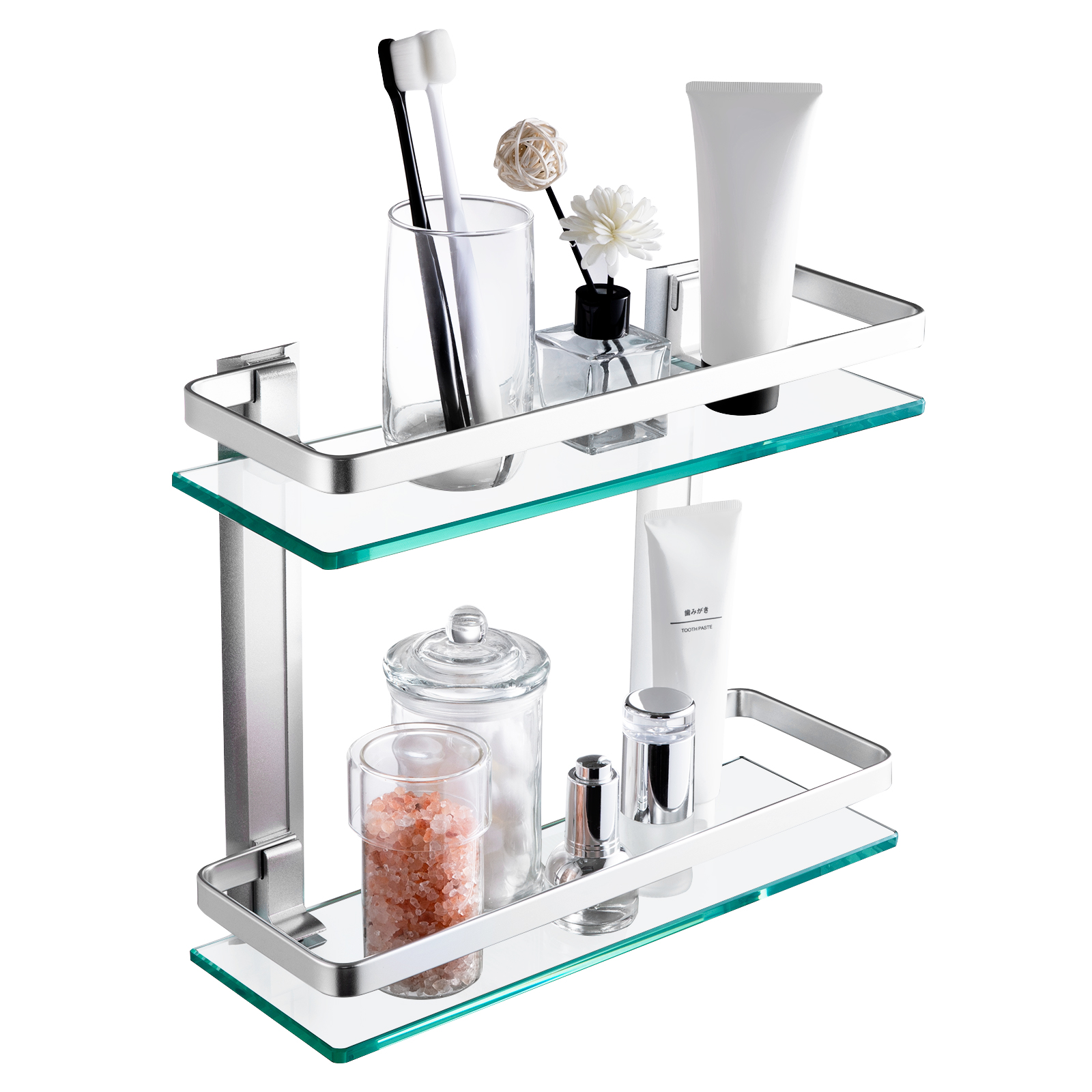 WAKLOND Bathroom Shelves, 2-Tier Glass Corner Shelf Wall Silver