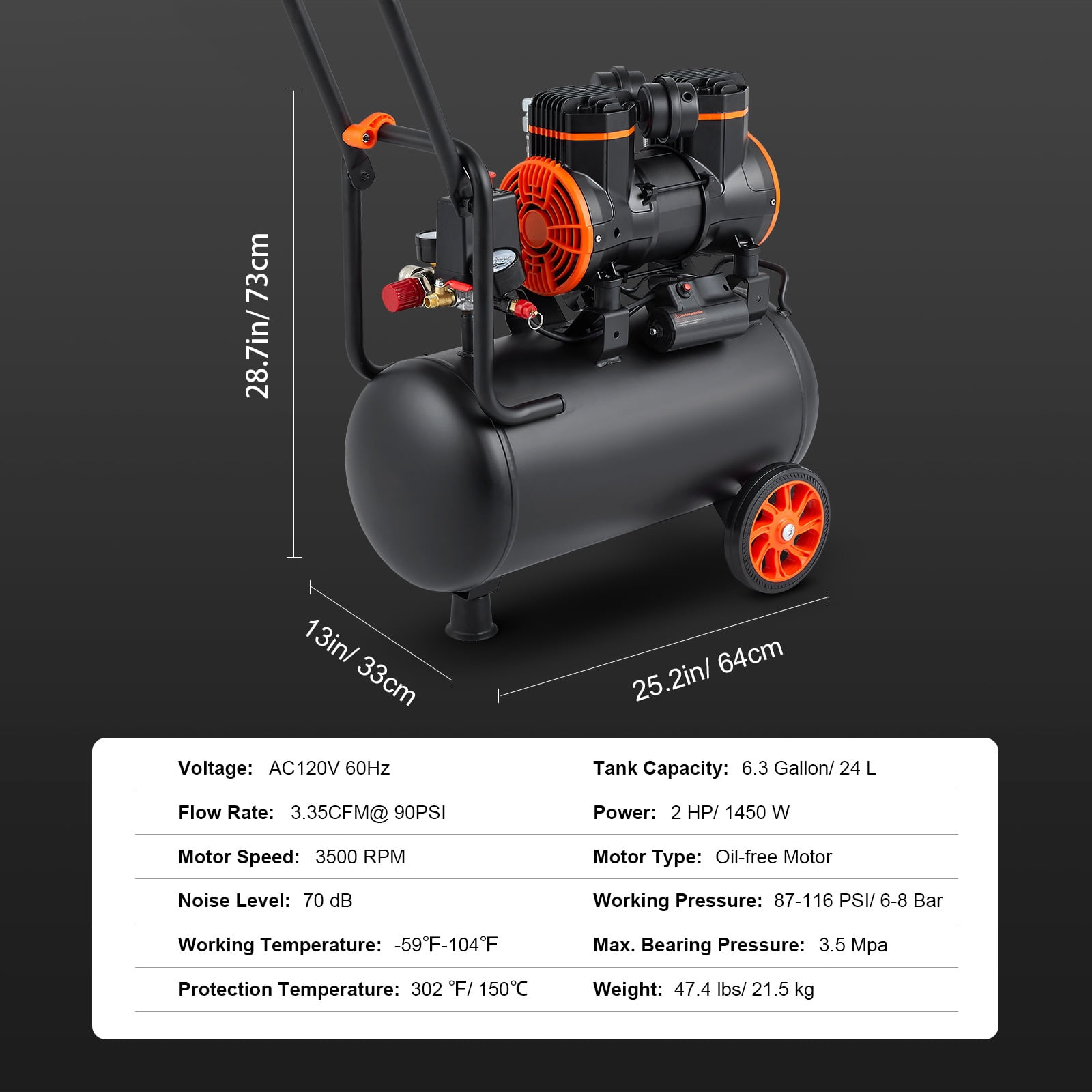 BENTISM 6.3 Gallon Air Compressor, 2 HP 3.35 CFM@90PSI Oil Free Air Compressor Tank & Max. 116PSI Pressure, 70 dB Ultra Quiet Compressor for Auto Repair, Tire Inflation, Spray Painting, Woodwork Nail