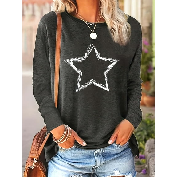 MORTTIC Women's Star Print Long Sleeve T-Shirt Casual Crew Neck Top Perfect for Spring & Fall Everyday Wear