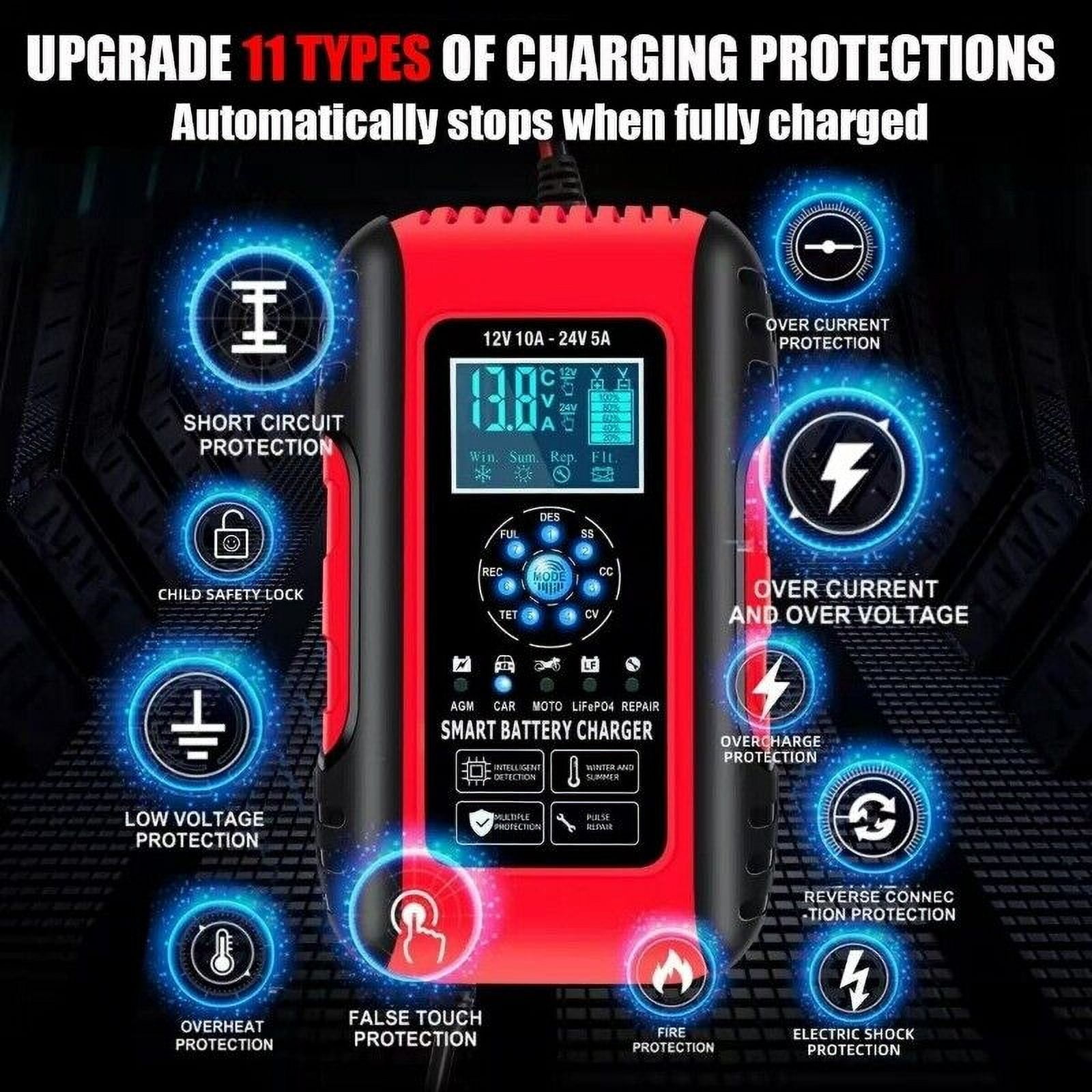 10A Car Battery Charger 12V/24V for Auto Motorcycle AGM Lifepo4 Lead Acid