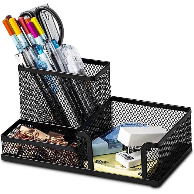Organizador de escritorio de malla, carrito para suministros de oficina con portalápices y cestas de almacenamiento para accesorios de escritorio, 3 compartimentos, negro