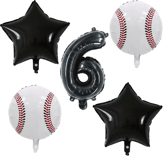 Baseball 6th Birthday Party Balloons Black White Star Number Foil Set Balloons