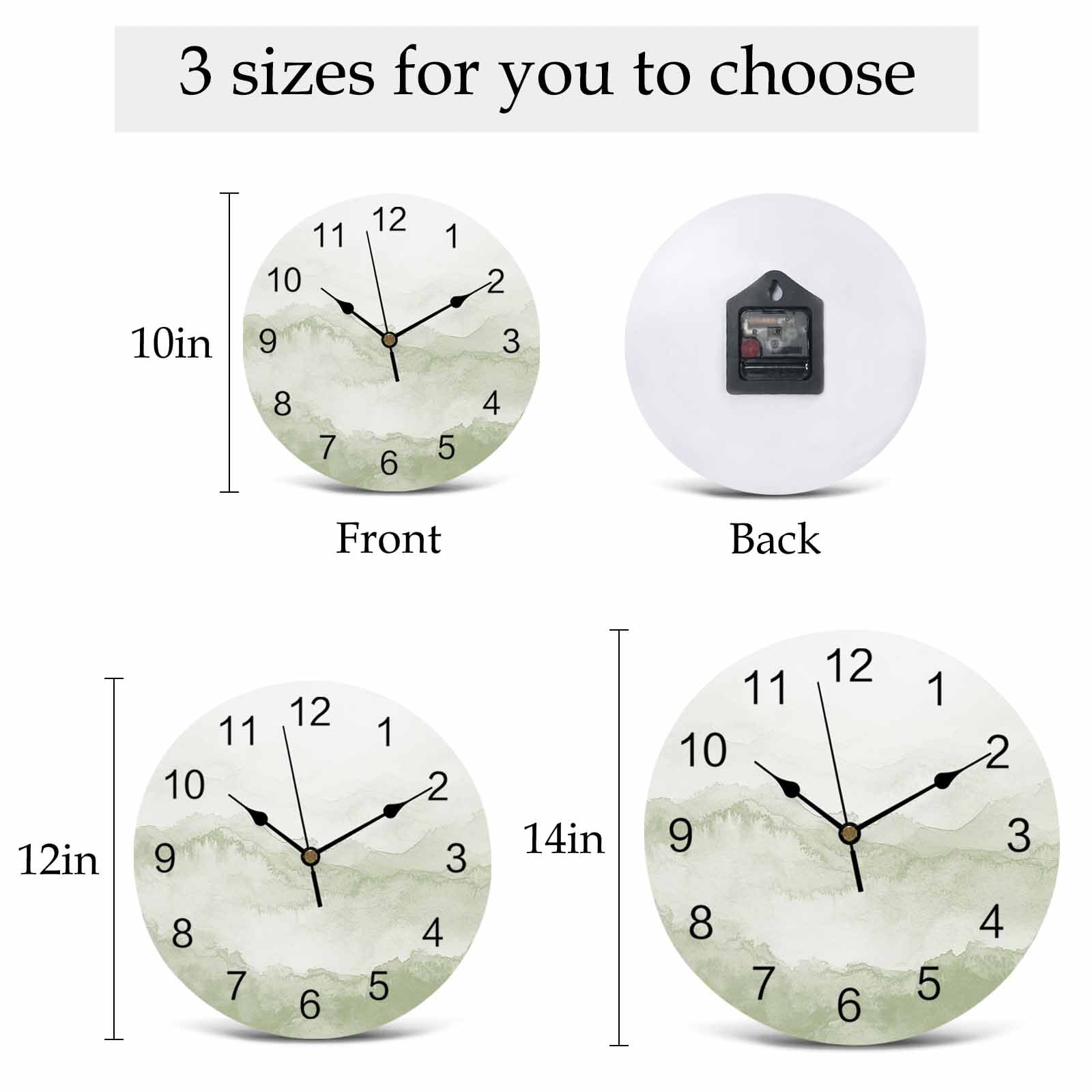 Wall Clock Sage Green Mountain Clocks PVC Silent Non-Ticking Battery Operated Decorative Ombre Abstract Natural Round Clock for Home Living Room Kitchen Bedroom Office School Wall Decor 10 Inch