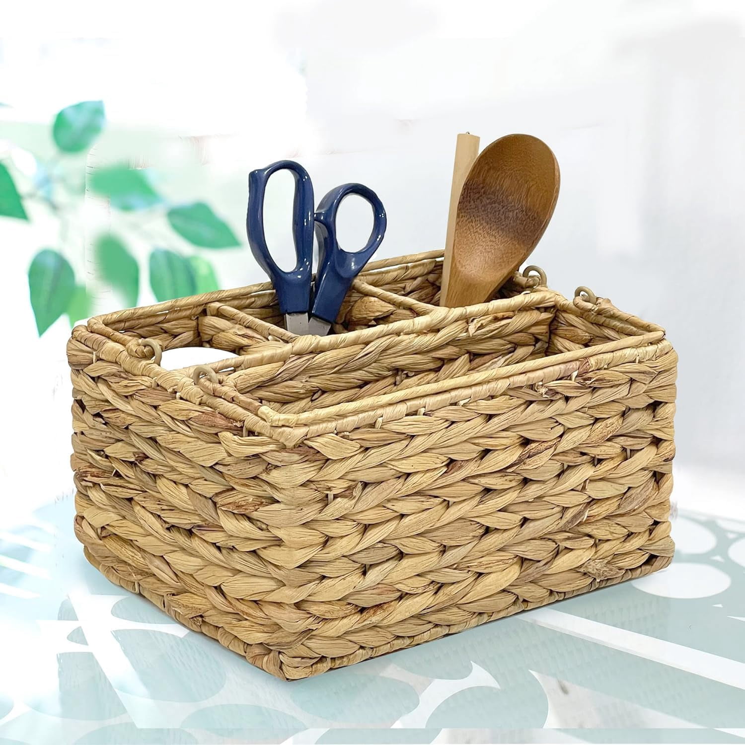 Water Hyacinth Wicker Utensil Caddy Carrier | Water Hyacinth Woven Divided Cutlery Holder for Table - Kitchen Set Counter Top Organizer