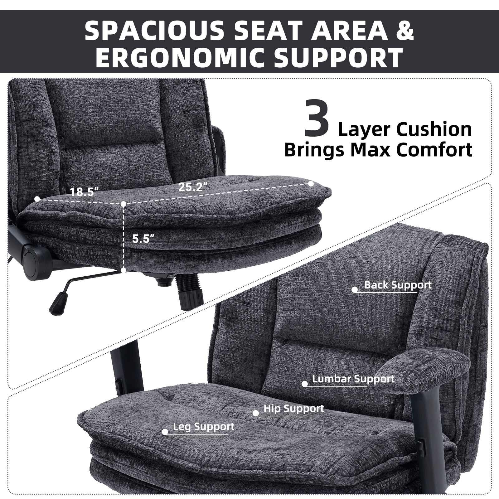 Criss Cross Legged Office Chair with Wide 3 Layer Cushions, Ergonomic Criss Cross Desk Chair with Dynamic Lumbar Support and Flip-up Arms, Mid Back Fabric Swivel Vanity Chair for Work, Study, Leisure