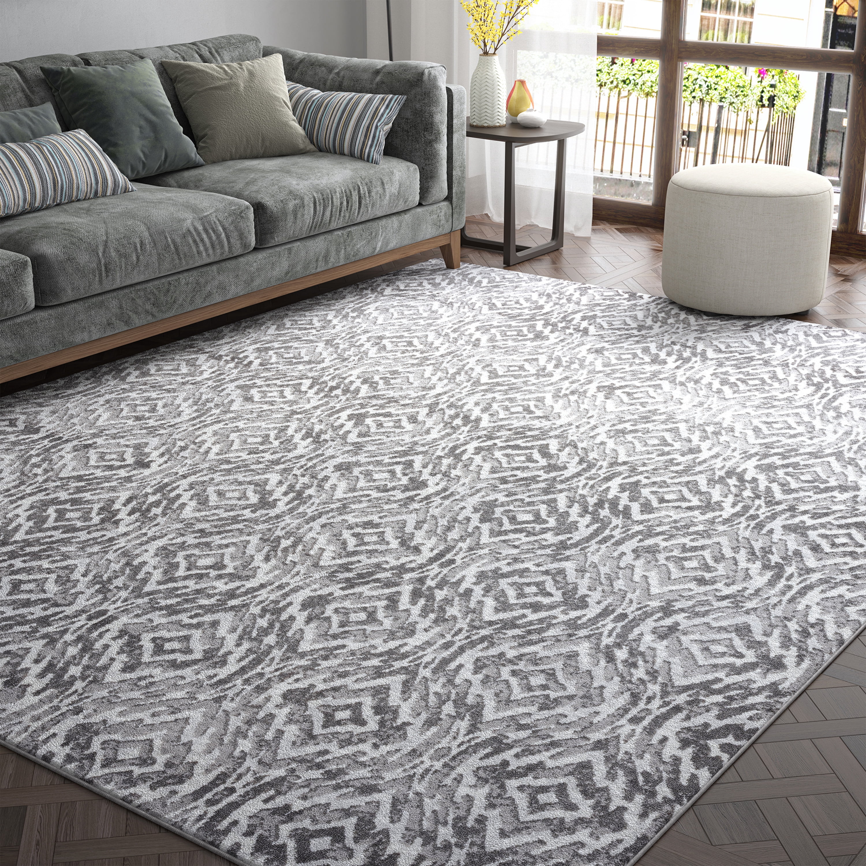 Contemporary 4x6 Area Rug (4' x 5'3'') Geometric Gray, White Indoor Rectangle Easy to Clean
