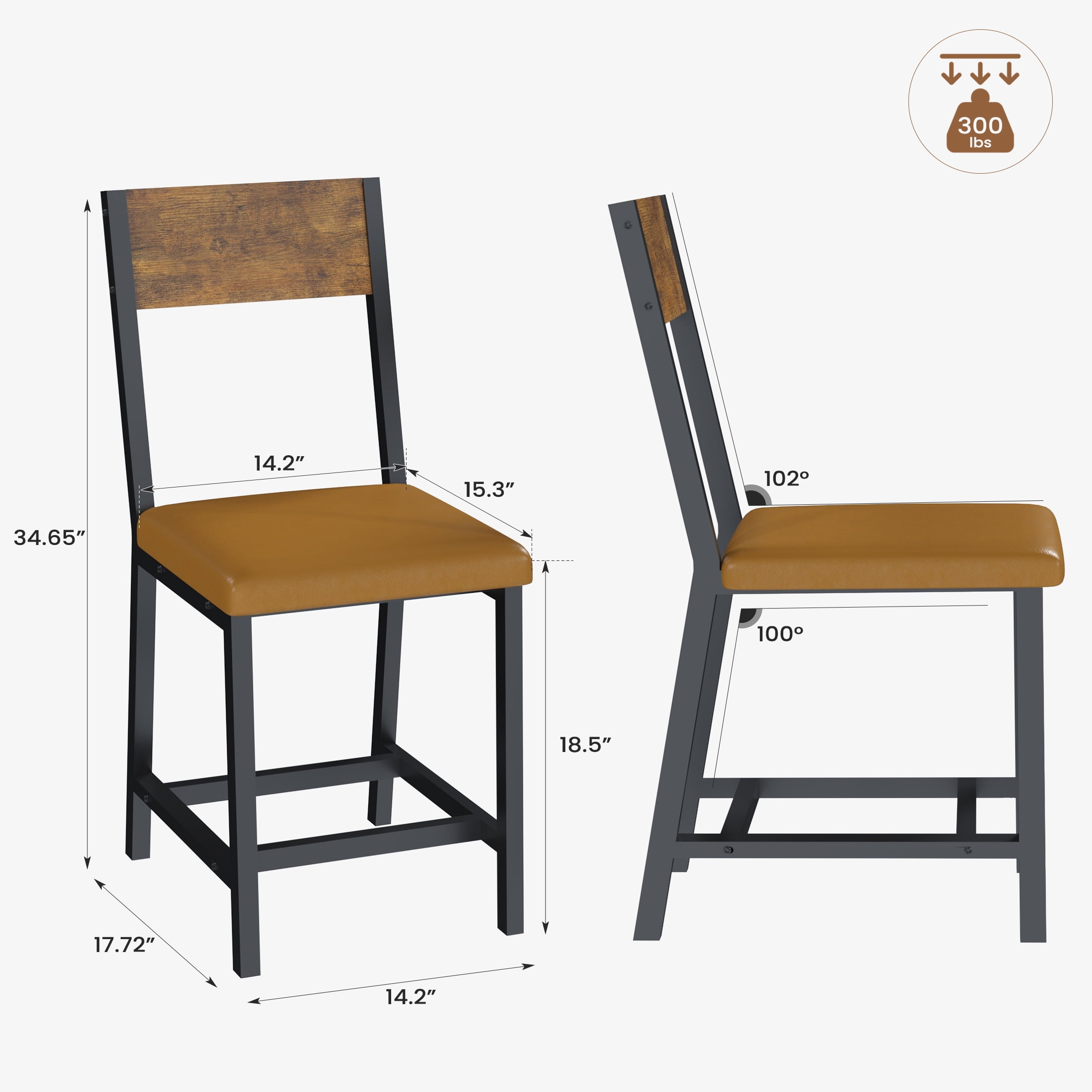Gelloan Dining Chair Set of 2, Rustic Wood Chairs with Metal Steel Frame and Cushion Seat, Modern Farmhouse Chair for Kitchen, Bedroom, Living Room,Brown