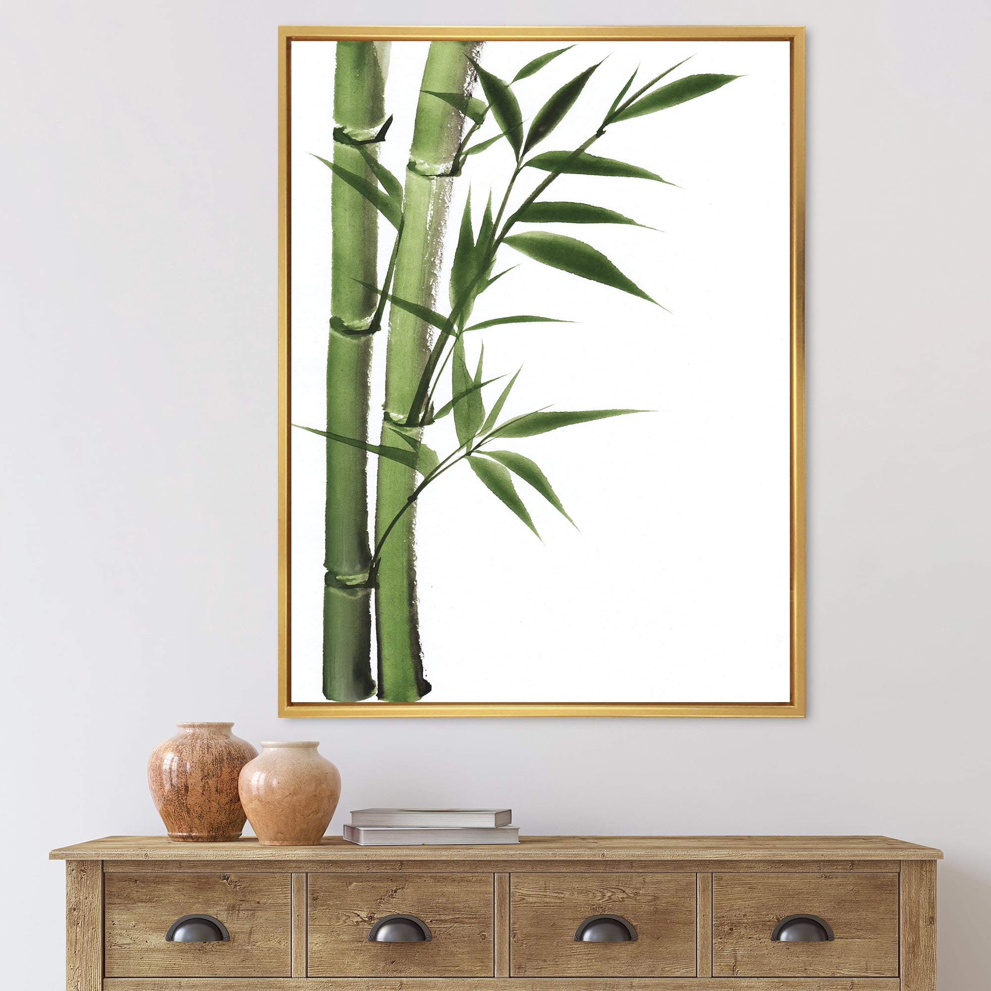 Detail of Dark Green Bamboo and Leaves I 12" x 20" Framed Painting Canvas Art Print, by Designart