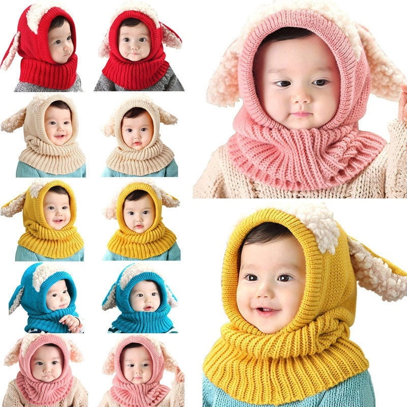 Baby Toddler Winter Beanie Warm Hat Hooded Scarf Earflap Knitted Cap Blue 