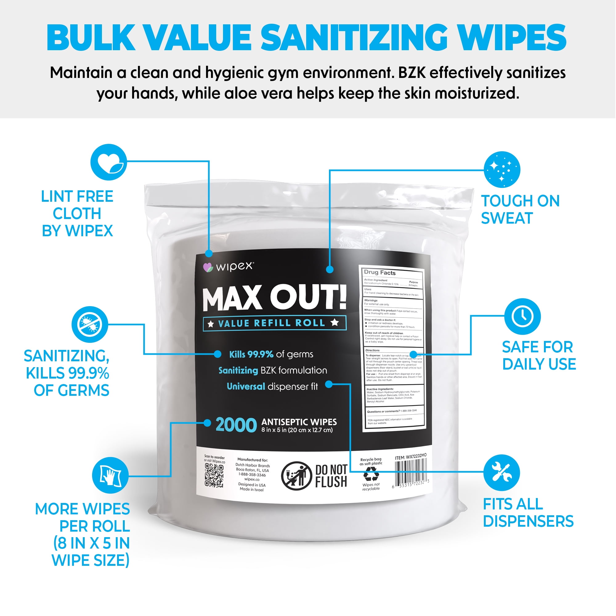 Wipex Max Out Sanitizing Gym Wipes Refill Roll, 2000 Count, 5" x 8", Commercial Dispenser Wipes for Fitness Centers, Schools, Offices & Public Facilities