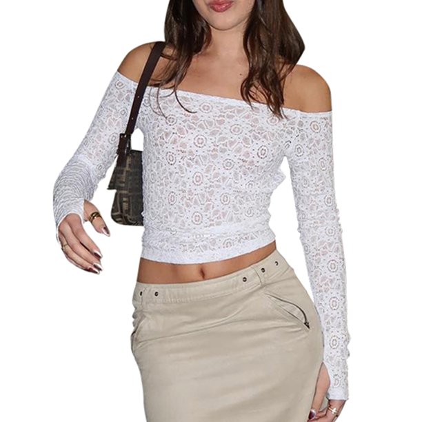 Camiseta Sin Mangas De Encaje Traje de calle sin espalda de manga larga con hombros descubiertos para mujer (blanco L) Cgtredaw Para estrenar