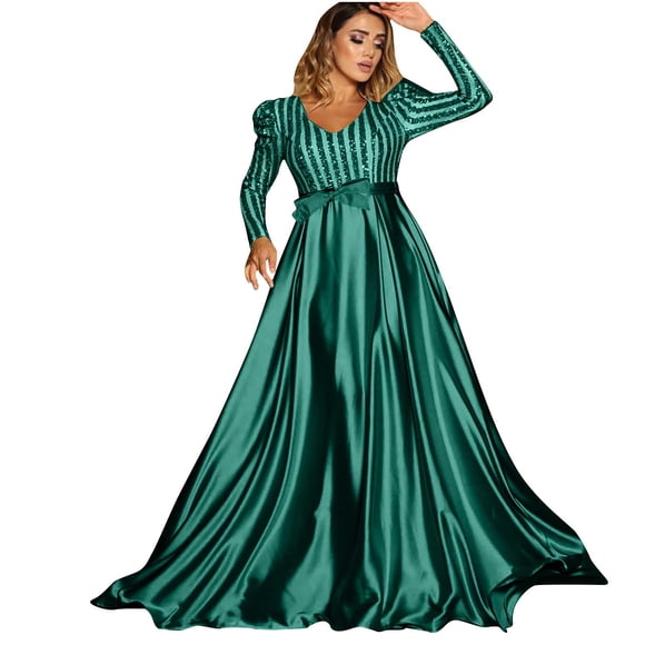 Yuyuzo Formal Maxi Dresses for Women Sequin Long Sleeve V Neck Satin Flowy Evening Cocktail Floor Length Dress