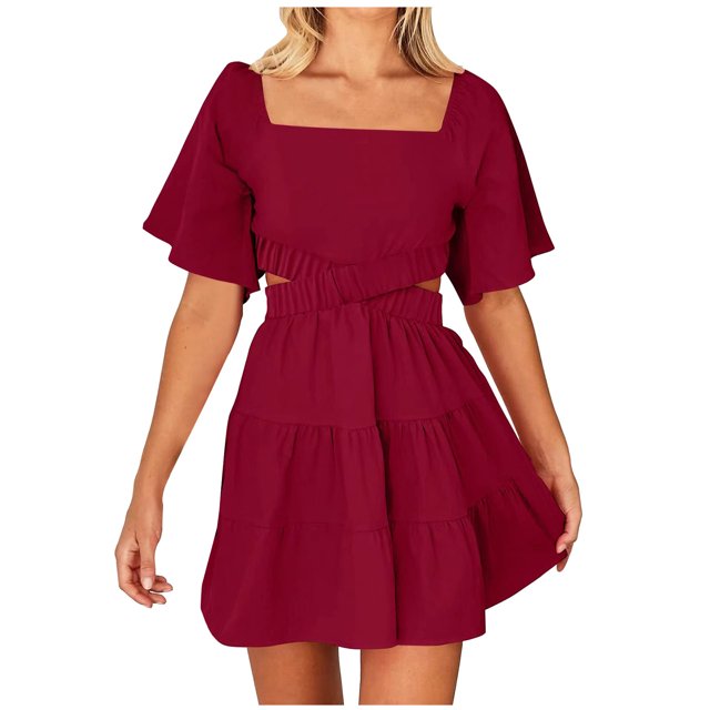 AherBiu Dresses for Women Square Neck Short Sleeve Cutout Pleated Ruffle Summer Boho Beach Mini Dress