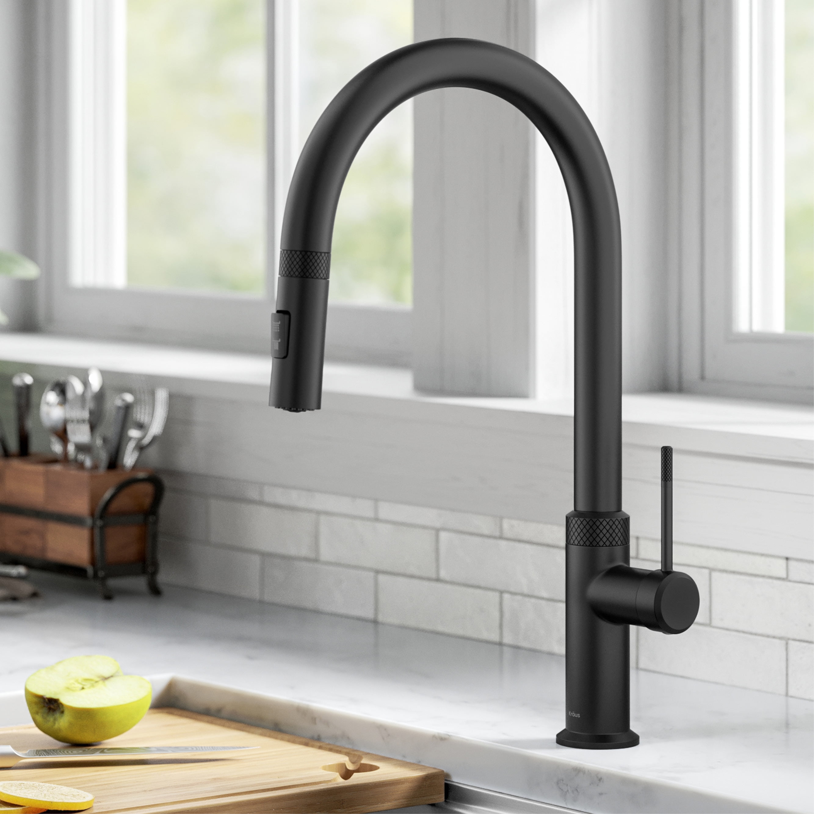 KRAUS Oletto Modern Industrial Pull-Down Single Handle Kitchen Faucet in Matte Black