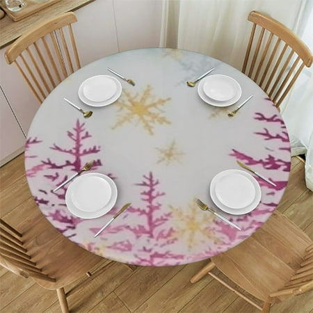 

Round Fitted Tablecloth Christmas Tree Forest Winter Gold White Vintage Waterproof Table Cloth Table Cover with Elastic Edged for Outdoor Picnic Parties Fits Tables up