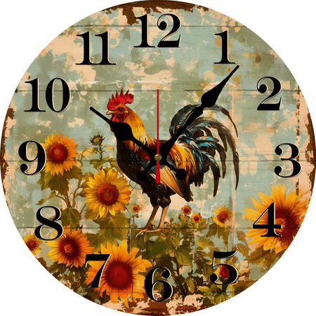 Eveokoki 12 Inch Rooster Standing Fence With Sunflowers Silent Non Ticking Round Quartz Wooden Wall Clocks Battery Operated Easy to Read Retro Decorative Home Decor for Living Room,Bedroom,Kids Room
