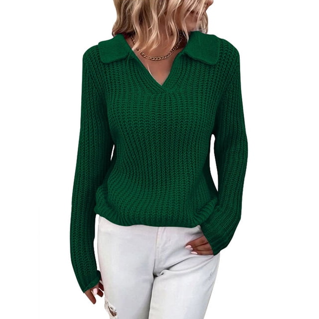 Suéter de punto para mujer Otoño Invierno Solapa Color sólido Slim V Cuello Tops Ropa Verde XL