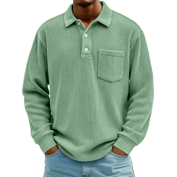 Domuza Corduroy Polo Shirts Men Vintage Textured Long Sleeve Button Down T-Shirts with Pocket Fall Lightweight Relaxed Fit Collared Blouse Green M