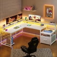 thumbnail image 5 of L Shaped Desk with LED Lights, Corner Computer Desk with File Drawer and Power Outlet, Gaming Desk for Home Office, White, 5 of 8