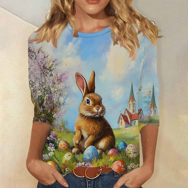 TaTaai Women's Easter Printed Pullover T-Shirt Round Neck 3/4 Sleeve Casual Loose Fit Holiday Spring Festival Top Everyday Blouse Gift