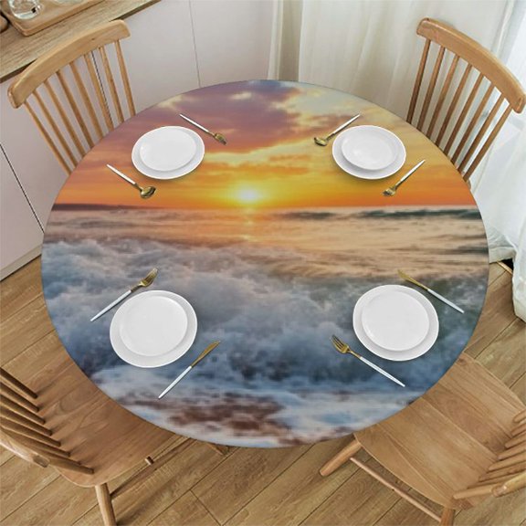 Summer Beach Sunrise Round Fitted Table Cloth with Elastic Edge Waterproof Vinyl Tablecloths Wipeable Circle Table