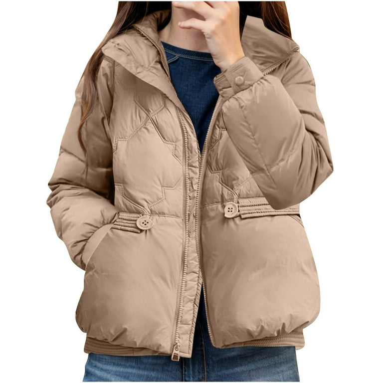 UPPADA Women's Winter Cropped Puffer Jacket Long Sleeve Oversized Stand Collar Zip-Up Short Coat with Pockets,Heavy Jacket for Women Khaki,XL