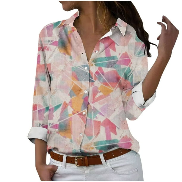 Camisetas de Mujer Casual, Manga Larga Impresa Solapa Botón Arriba Blusa, Ajuste Regular Poliéster Superior
