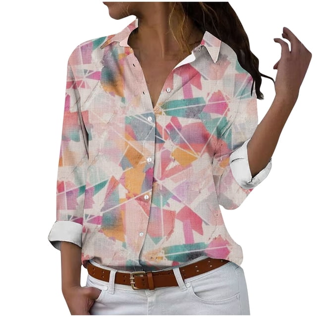 Camisetas de Mujer Casual, Manga Larga Impresa Solapa Botón Arriba Blusa, Ajuste Regular Poliéster Superior