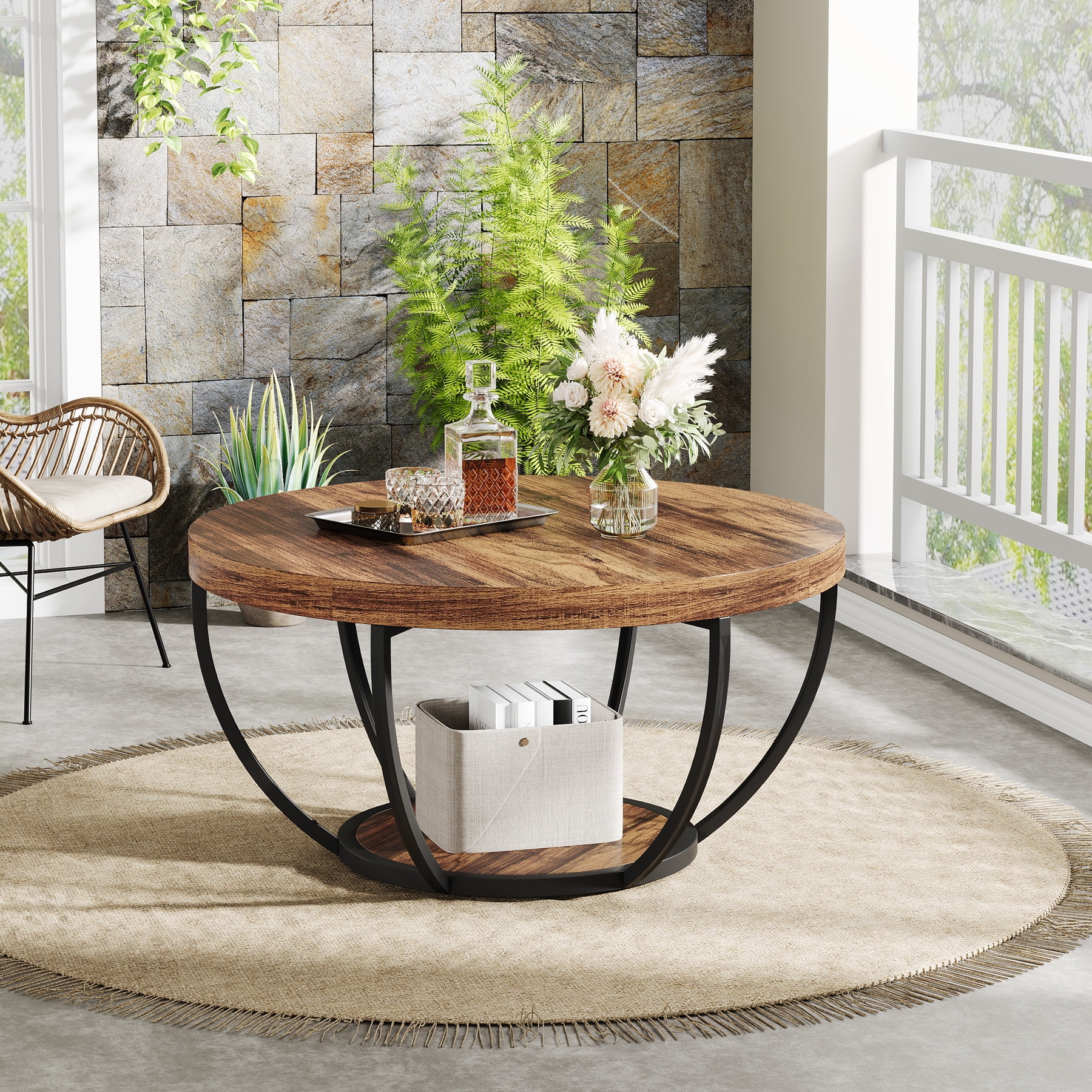 Fnova Coffee Table with 2 - Tier Storage, 32" Round Wood Coffee Table with Metal Legs, Modern Rustic Style Center Table for Living Room, Dark Brown and Black