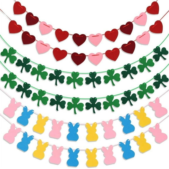 TETOU Valentines Day Decorations 6Pcs Felt Garland Set Valentine Heart St. Patricks Day Shamrock Easter Bunny Garland for Mantle Wall Party Holiday Decor