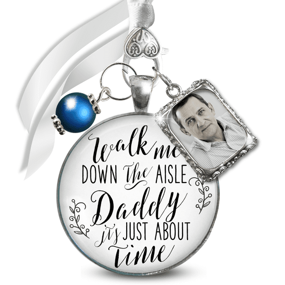 Wedding Bouquet Memorial Charm Dad Walk Me Down the Aisle Daddy It's Just About Time Silver White Pendant Something Blue Bead Photo Frame