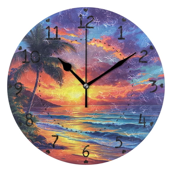 Sunset and Beach Round Wall Clock Silent Battery Operated Home Decor for Living Room Bedroom
