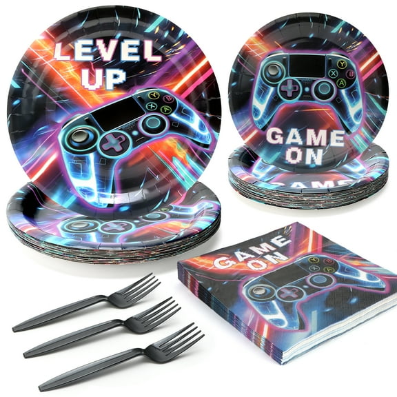 96 Pcs Party Plates, Video Game Paper Plates and Napkins Party Supplies for Video Game Theme Birthday for Gamer, Serve for 24 Guests, Blue and Purple