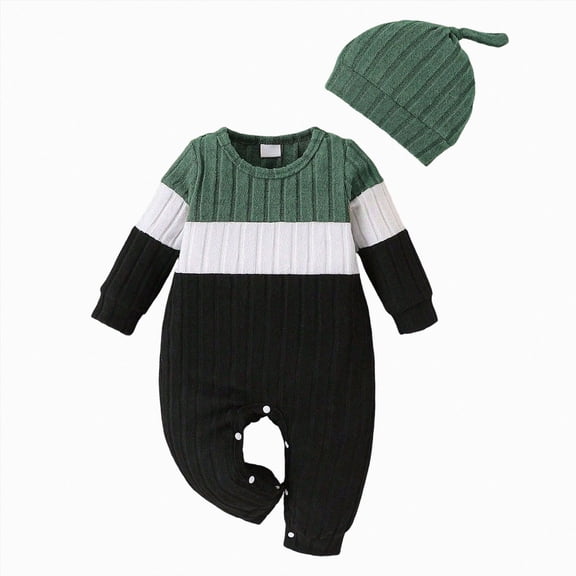 Xyant Newborn Baby Boy Clothes Long Sleeve Ribbed Knitted Color Block Romper Hat Bodysuit Jumpsuits Fall Winter Cute Infant Outfits,Size 1-3 Months